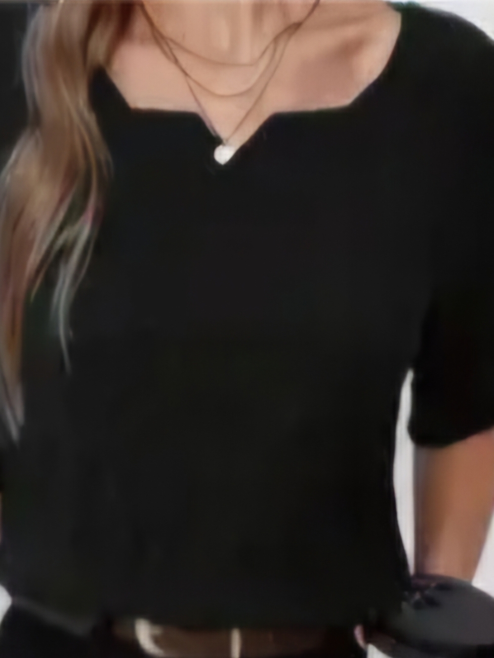 Black Short-Sleeve Women's Top with Subtle Notch Neck